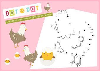 Farm Animals activities for kids. Dot to dot game – chicken. Connect the dots. Numbers games for kids. Coloring page. Vector illustration. Learning numbers. Fine motor skills. Page for activity book.