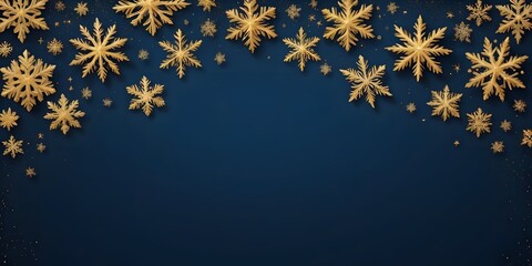Golden Snowflakes Border on Blue Background
