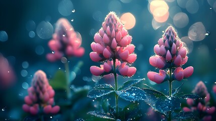 Pink lupines in rain, sunlit bokeh background.