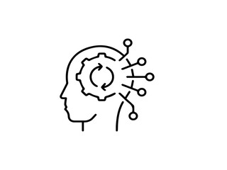 The image illustrates a human head silhouette with a gear symbol inside it, representing the brain.