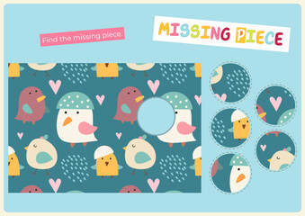 Find the correct  missing piece for picture. Cute birds activities for kids. Vector illustration. Matching game. Flash card for Activity Book.