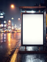 Blank Billboard at Bus Stop on Rainy Night; Advertising Space; Eye Level; City Street; Urban Setting; Copy Space; Commercial Use