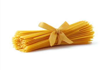 Raw Spaghetti Bundle Tied with Gold Ribbon on White Background Studio Shot Food Photography
