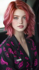 Fototapeta premium Portrait of young woman with pink hair, fair skin, blue eyes, wearing patterned jacket, sitting indoors