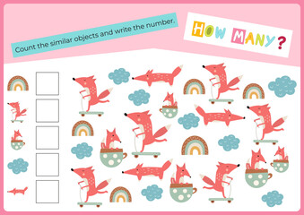Cute  Animals activities for kids. How many fox puzzle. Count the number of objects. Vector illustration. Flash card for activity Book. Math game for learning counting.
