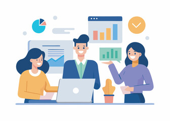 Professional business team presenting data on whiteboard, illustration Concept for presentation, vector on white background