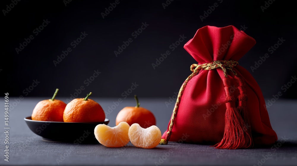 Poster red bag with a red ribbon is on a table with a bowl of oranges. the oranges are cut in half and plac