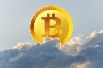 The bitcoin gold coin rises from the clouds in the sky, a beautiful concept for the growth of the bitcoin exchange rate