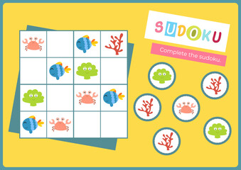 Animals Puzzle game for children. Underwater creatures in Sudoku game. Vector illustration. Learning Page for kids activity book. Worksheet flash card format.