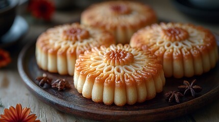 Close-up of three golden, flower-shaped pastries on a dark brown plate, garnished with anise stars.