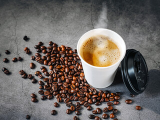 Coffee espresso wite smoke in paper Coffee cup and bean , Fragrant Espresso in  Takeaway paper...