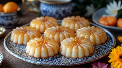 Seven delicious, flower-shaped orange desserts on a plate.