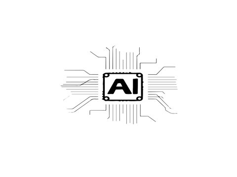 The image depicts a microchip or processor with the letters "AI" boldly written in the center. - Powered by Adobe