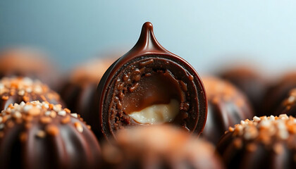close up of a chocolate candy with a bite taken out of it