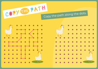 Animals activities for kids. Copy the path for Goose. Logic games for children. Vector illustration. Flash card for activity book.