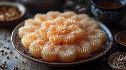 Close-up of intricately carved, orange-hued flower-shaped desserts on a decorative plate.