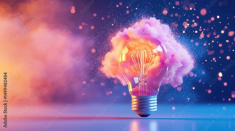 Poster light bulb exploding with colorful smoke represents a pink idea on a blue and creative background