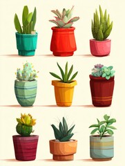 Collection of Potted Succulents and Cacti in Colorful Pots Illustration Indoor Arrangement Decorative Plants