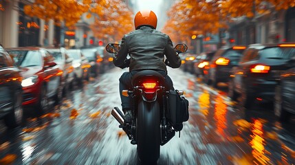 Motorcyclist riding through autumn city traffic in the rain.