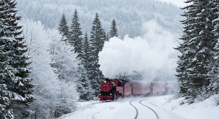Red steam engine in snowy woods