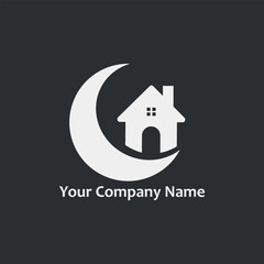 This unique logo design features a crescent moon embracing a house, symbolizing warmth, safety, and care at night. Perfect for home rental services, night-stay lodges, homestays, real estate.