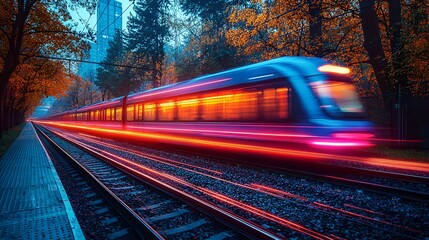 High-speed train speeding through autumnal landscape at dusk.