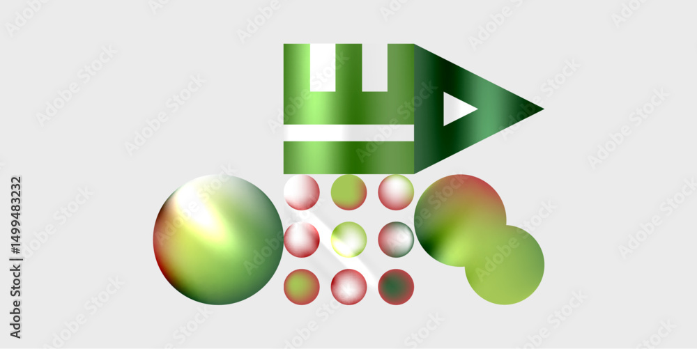 Poster abstract graphic design features green shapes, circles, plus geometric symbol resembling play button