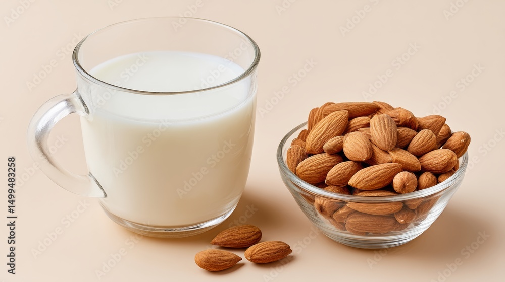 Poster glass of milk and a bowl of almonds are placed on a table. the almonds are spread out around the gla