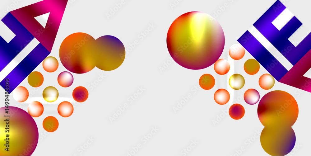 Poster abstract design features colorful spheres, letterforms. gradient hues blend, creating dynamic visual