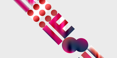 Abstract design features diagonal line, circles, squares. Pink, purple hues dominate against dark background. Modern, minimalist aesthetic.