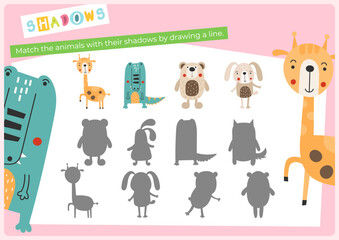 Animals activities for kids. Find the correct shadow for animals. Vector illustration. Game for Activity Book Flash card. Matching Game to boost attention and focus.