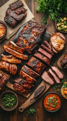 Fototapeta premium A delicious BBQ spread featuring smoked and grilled meats, fresh sides, and garnishes ready for a summer gathering or backyard party
