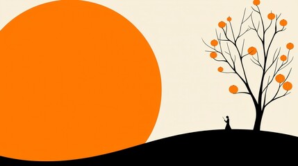 Orange Sunset Silhouette Minimalist Landscape Art