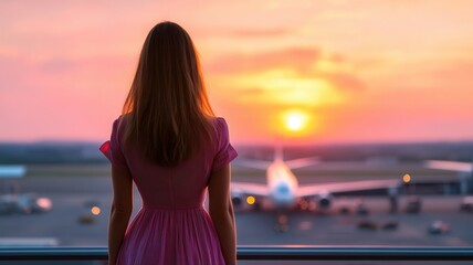 Passenger airplanes golden hour light at airport terminal window, observing enjoying and runway during sunset