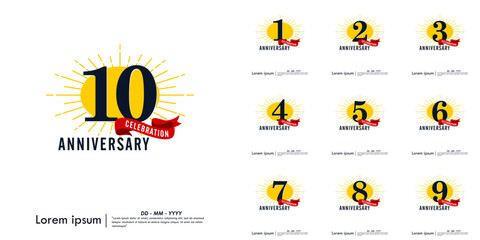 Set of 1st-10th years anniversary celebration emblem. congratulations anniversary logo isolated with red ribbon and starburst on white background. vector illustration template design