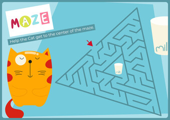 Animals Maze game for children. Help Cat find correct path in maze. Vector illustration. Labyrinth quest for kids. Flash cards format. Page for activity book.