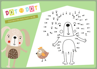 Animals activities for kids. Dot to dot game – little hare. Connect the dots. Numbers games for kids. Coloring page. Vector illustration. Learning numbers. Fine motor skills. Page for activity book.