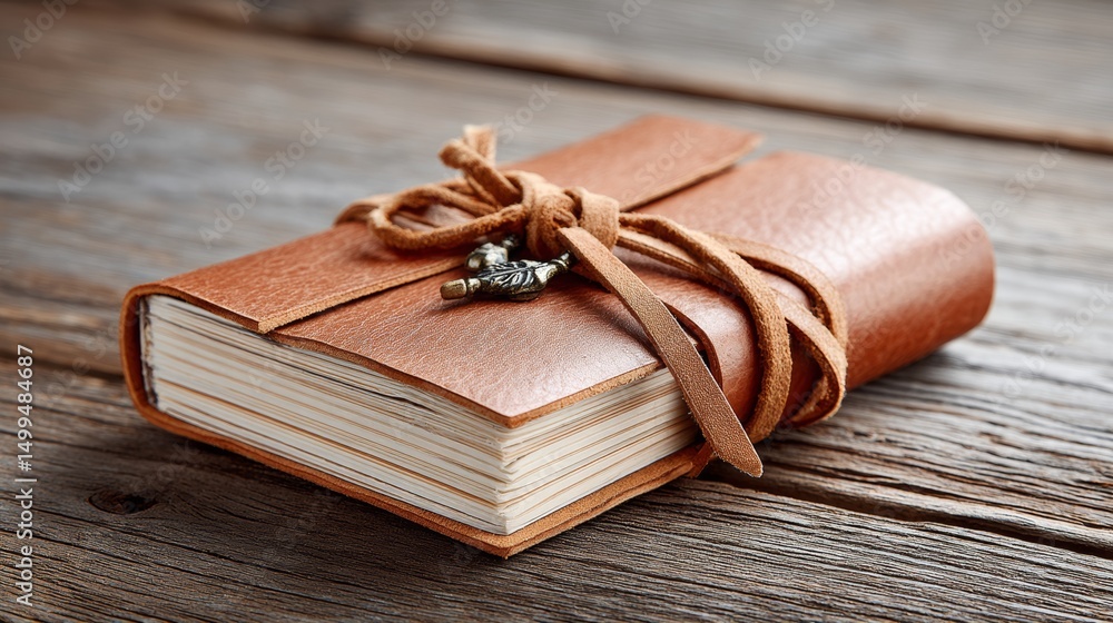 Poster leather bound book with a gold chain and a key hanging from it. the book is open to a page with a ke