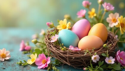 Colorful Easter eggs in a nest, spring flowers Festive pastel colors, spring holiday , easter decorations, happy, seasonal