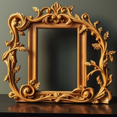A sculpted wooden frame, intricately carved with swirling vines and delicate floral motifs, rests on a dark, polished surface.  Sunlight, filtering through a nearby window.