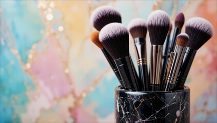 Fototapeta premium Collection of makeup brushes in a holder with colorful background, suitable for beauty, cosmetics, skincare, or makeup tutorial content, emphasizing grooming and beauty care.