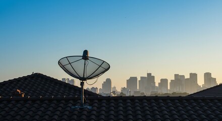 Satellite dish broadcasts cityscape silhouette sunrise