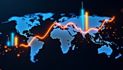 Dynamic financial graph with glowing candlestick bars on a world map, representing market trends, growth, and investment opportunities in the global economy 