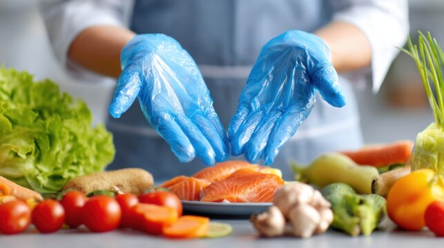 Preparing Healthy Meal with Fresh Ingredients Close Up View of Chef's Hands in Blue Gloves Above Salmon and Vegetables in Kitchen Studio Shot