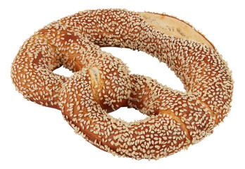 Twisted bread sprinkled with white sesame seeds cut out isolated transparent background