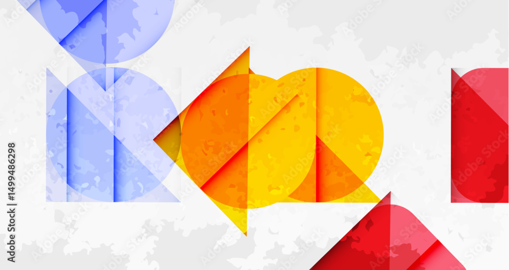 Poster Abstract geometric shapes overlap. Blue, yellow, red hues dominate design. Textured background adds visual interest. Modern composition.