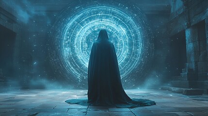 Hooded figure facing futuristic portal in ancient ruins.