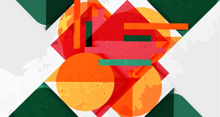 Abstract geometric composition. Overlapping shapes, vibrant colors, textured surfaces create dynamic visual effect. Modern design.