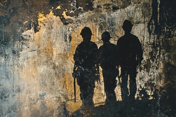 Fototapeta premium Silhouette of miners in a cave