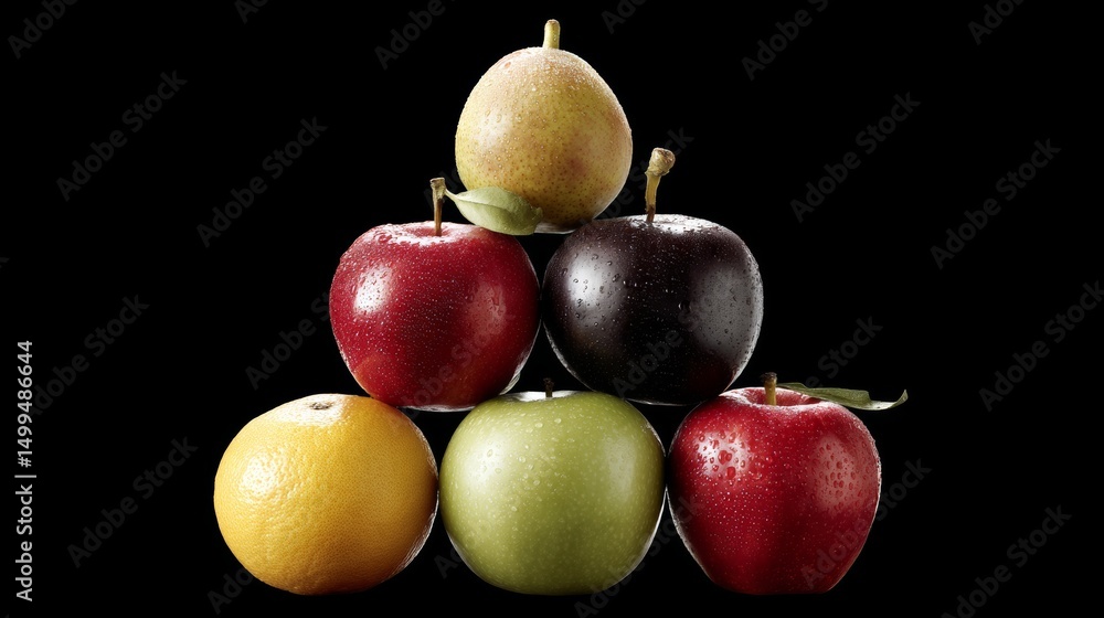 Poster stack of apples with one green apple on top. the apples are of different colors and sizes